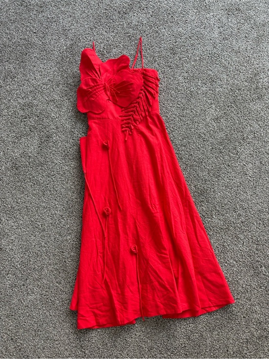 FARM Rio Dresses & Skirts - Farm Rio Red Garden Linen Flower Appliqué 3D Dress Size Small